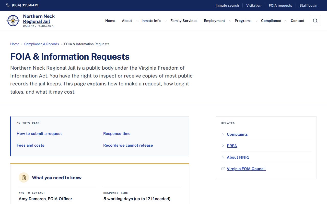 Northern Neck Regional Jail FOIA page for historical Richmond County booking records
