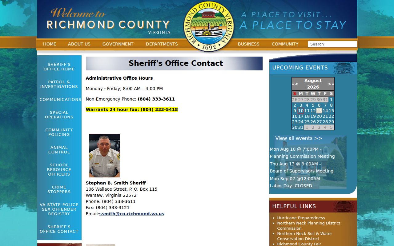Richmond County Sheriff's Office contact details for arrest record requests