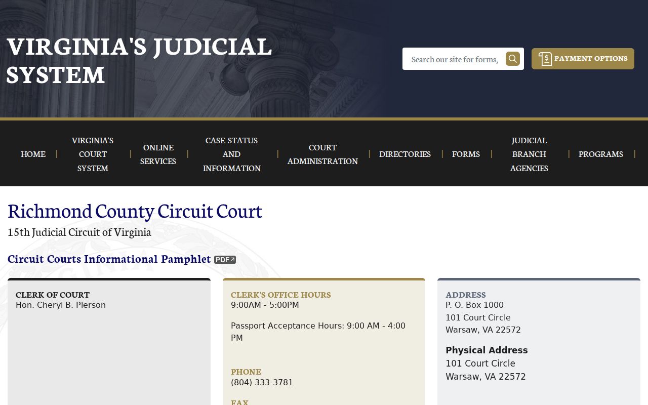 Richmond County Circuit Court contact page for felony court records
