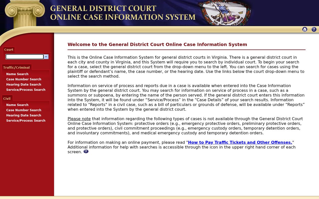 Virginia General District Court locality selector for Richmond County case records