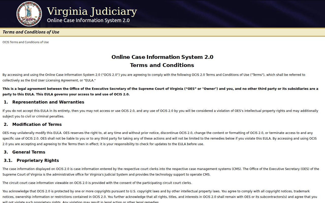 Virginia OCIS 2.0 search screen used for Richmond County court cases
