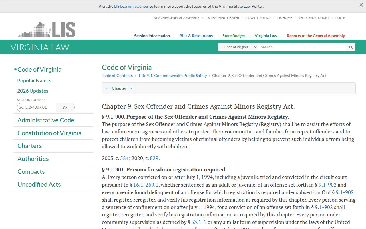Virginia registry law listing public sex offender profile duties